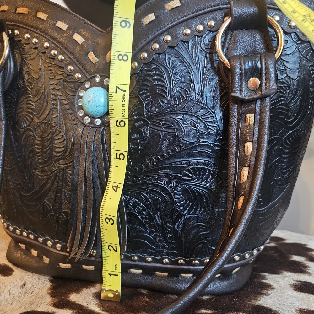 Justin West Embossed Turquoise Fringe Handbag - Picture 5 of 7